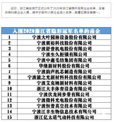 宁波艾克姆新材料有限公司成为“2020浙江省隐形冠 军”